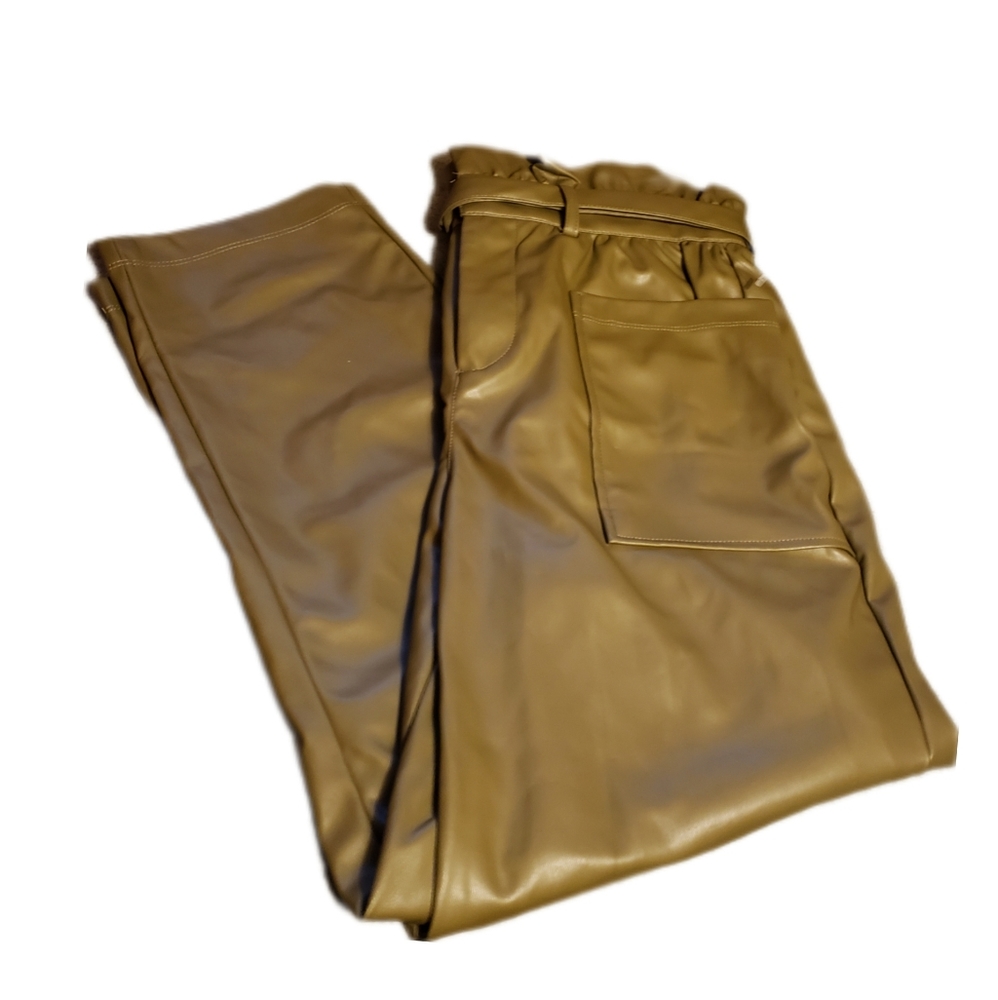 Who What Wear Olive Green Faux Leather Belted Paper Bag Waist Pants- Sz 6